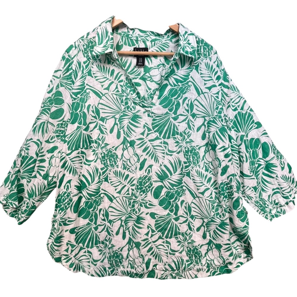 Nicole Miller Green White Linen Tropical Print‎ Blouse 1X
